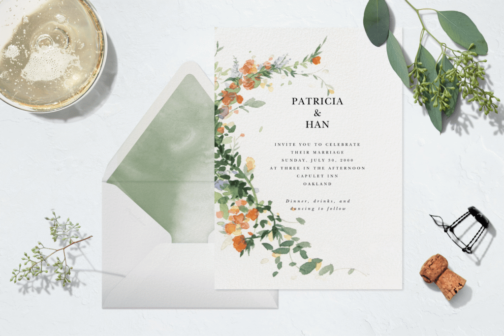 A sophisticated digital wedding invitation displayed on a mobile device on a marble tabletop.