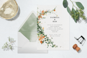 A sophisticated digital wedding invitation displayed on a mobile device on a marble tabletop.