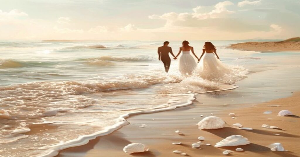 Couple walking on a tranquil beach, symbolizing a peaceful adults-only destination wedding