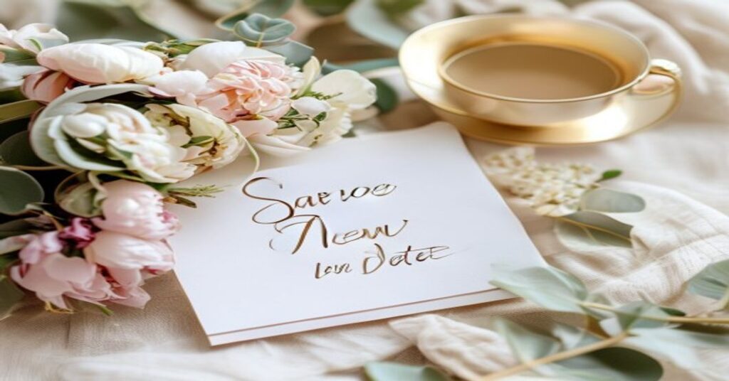 Elegant flat lay with a 'save the new date' card, flowers, and a teacup, symbolizing a graceful wedding date change announcement.