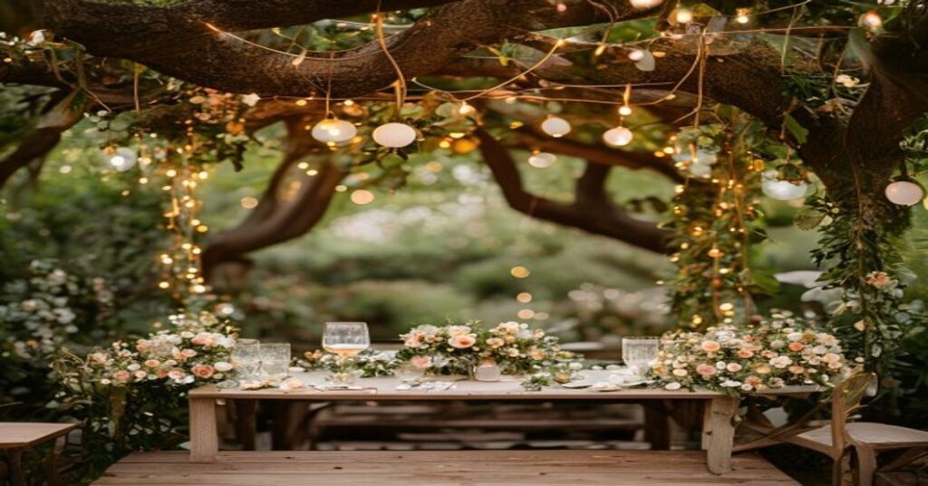 Bohemian garden wedding inspiration with fairy lights and elegant florals