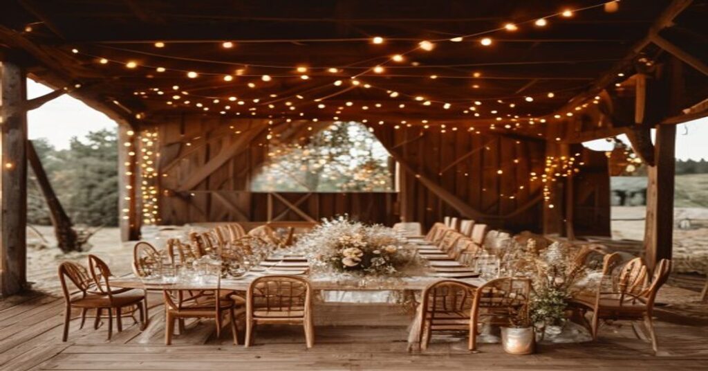 Rustic barn wedding setting with string lights and wildflowers, suggesting a charming and intimate celebration.
