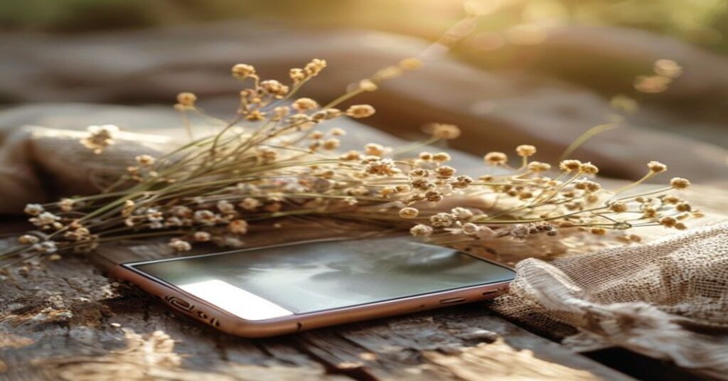 A smartphone displaying a digital save the date on a rustic wooden table surrounded by wildflowers.