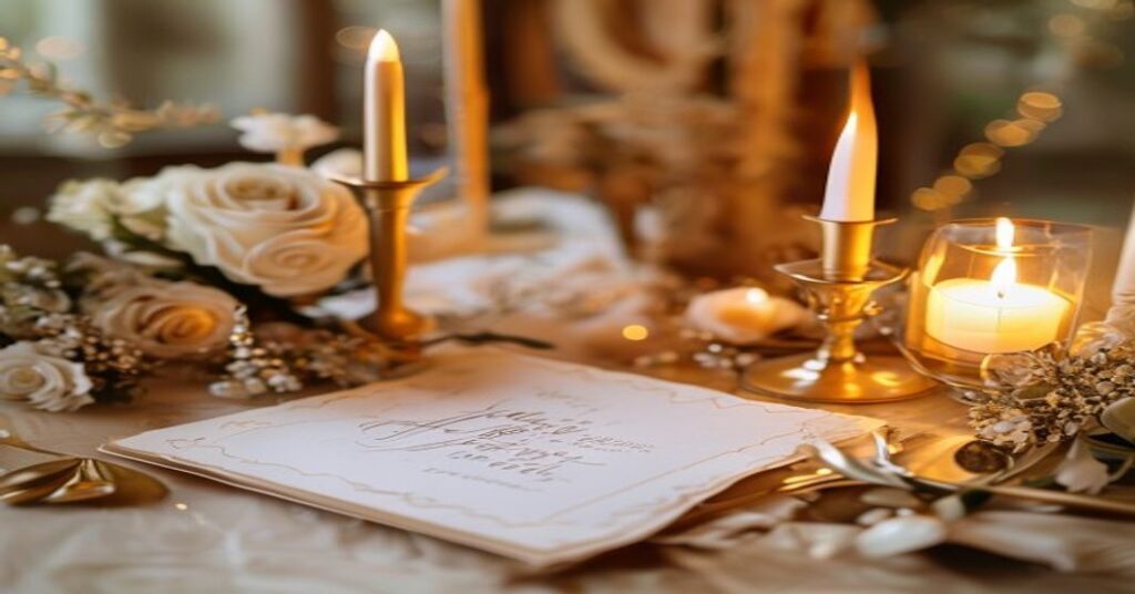 A luxurious and romantic wedding invitation setup with gold accents and soft floral elements.