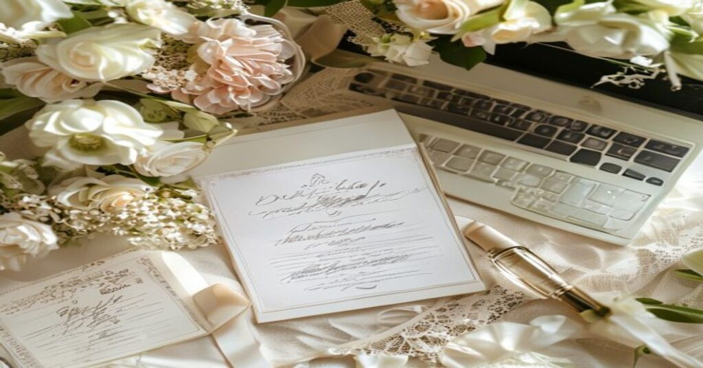 A elegant wedding invitation website displayed on a laptop, surrounded by romantic floral elements and vintage wedding stationery, symbolizing modern wedding planning.