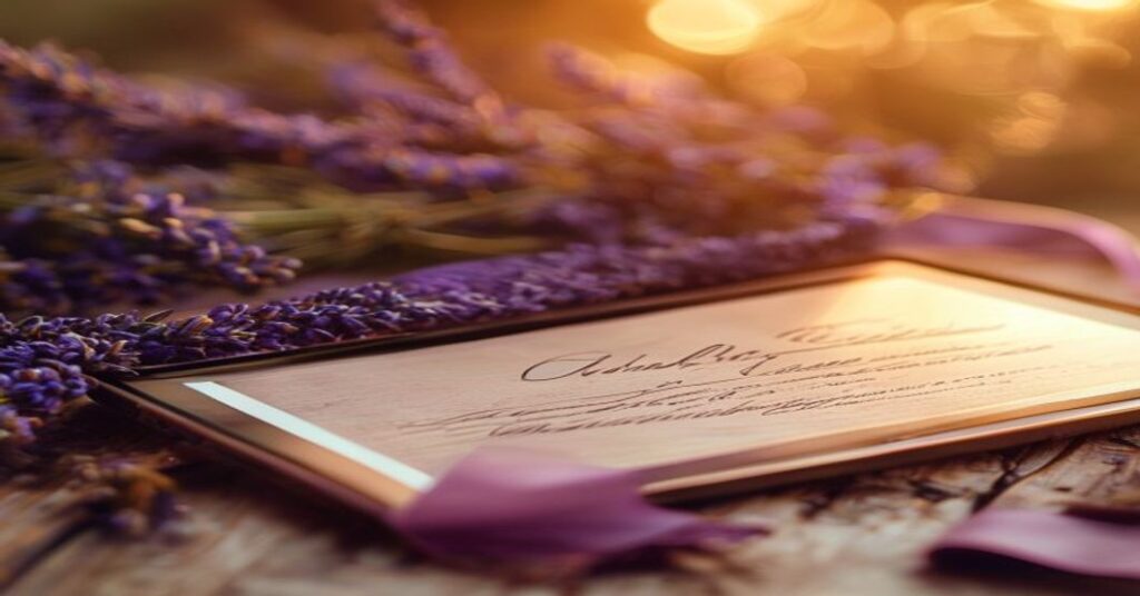 A tablet showing a elegant digital wedding invitation on a wooden table with romantic flowers.