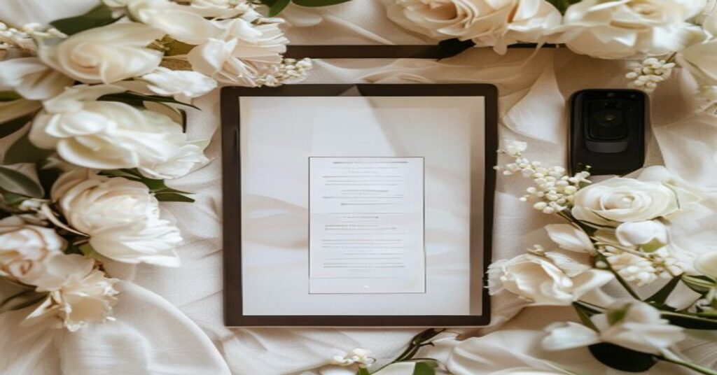 A tablet displaying a custom digital wedding invitation design, surrounded by luxury wedding decor, symbolizing modern and sophisticated online invitations.