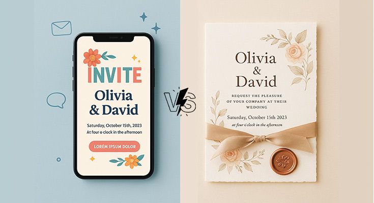 A sophisticated digital invitation displayed on a tablet at a tropical beach wedding venue.
