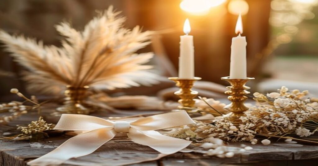 A romantic and vintage-inspired wedding setting featuring dried florals and soft lighting, perfect for a sustainable wedding theme.