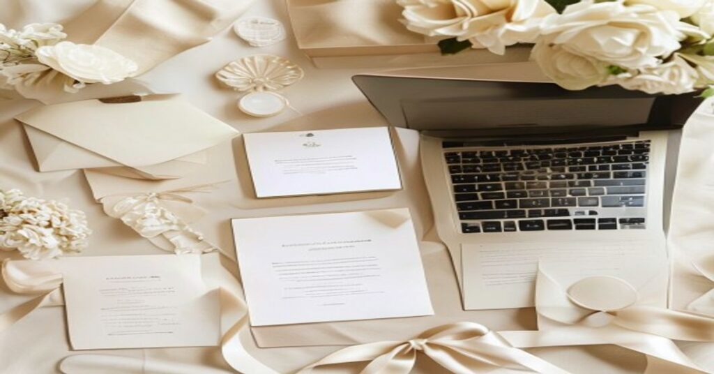Flat lay showing traditional wedding stationery next to a laptop displaying elegant wedding invitation website features.