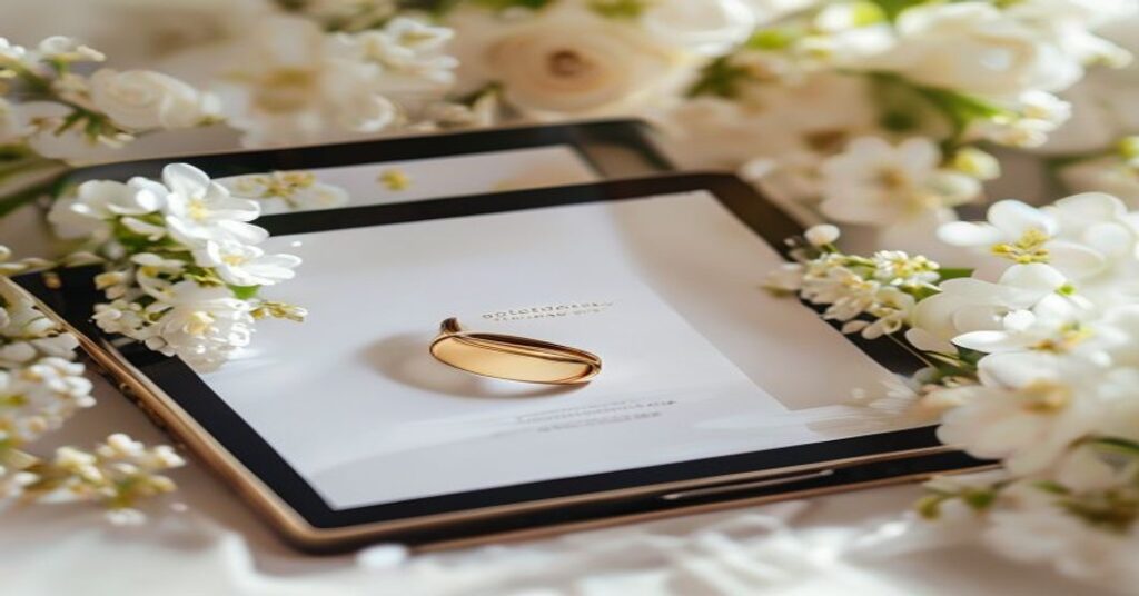 Elegant wedding website FAQ page displayed on a tablet, surrounded by white flowers and a wedding ring.