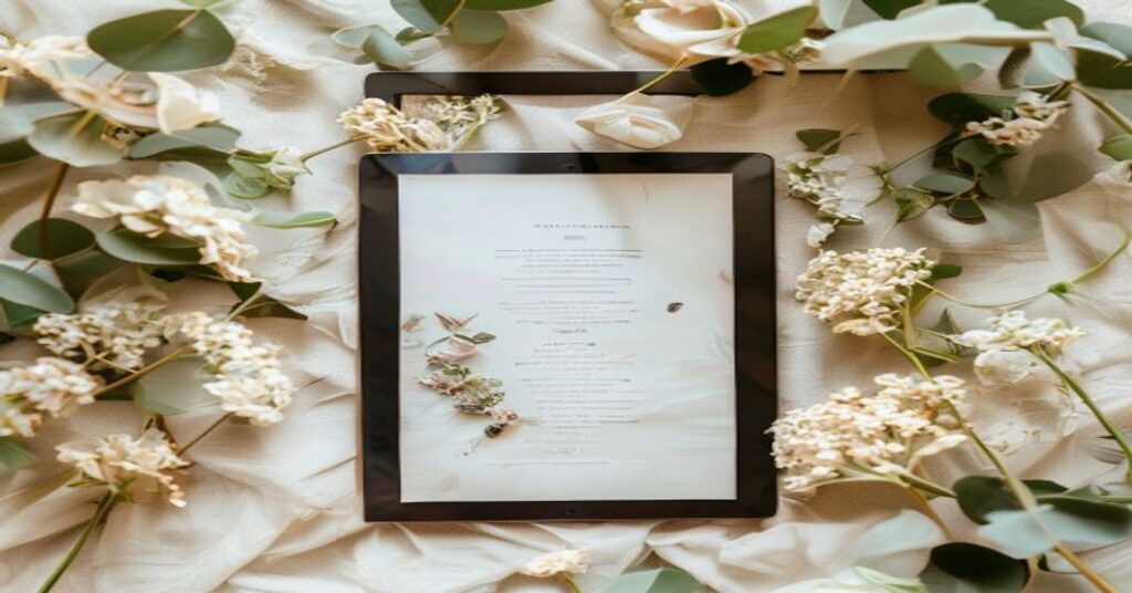 Tablet showing a digital wedding invitation design surrounded by wildflowers and greenery in a bohemian garden setting.