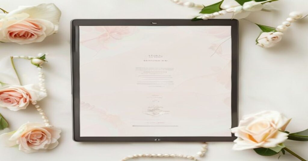 Elegant digital wedding invitation website displayed on a tablet with wedding details, showing modern design and functionality.