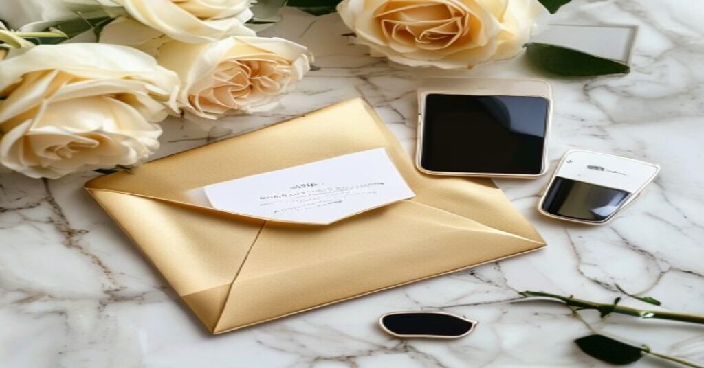 Elegant smartphone displaying a digital wedding invitation on a marble table with white flowers.