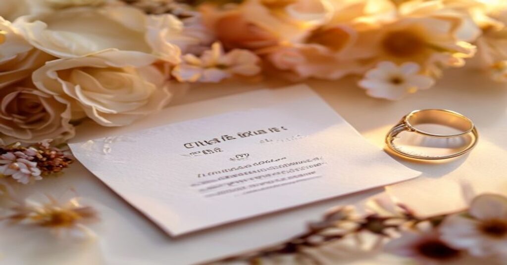 Elegant wedding stationery set, including a 'change the date' card, rings, and flowers, symbolizing a wedding date change announcement.
