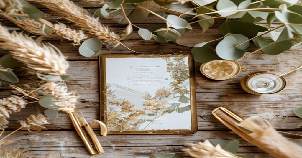 A sophisticated digital wedding invitation displayed on a tablet at a bohemian garden wedding setting.