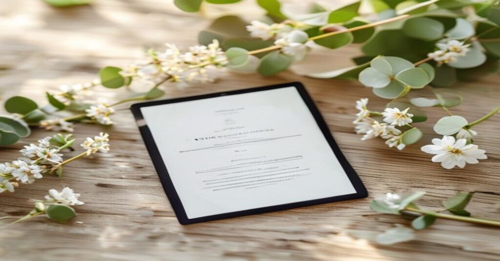 Elegant digital wedding invitation display on a tablet surrounded by botanical greenery.