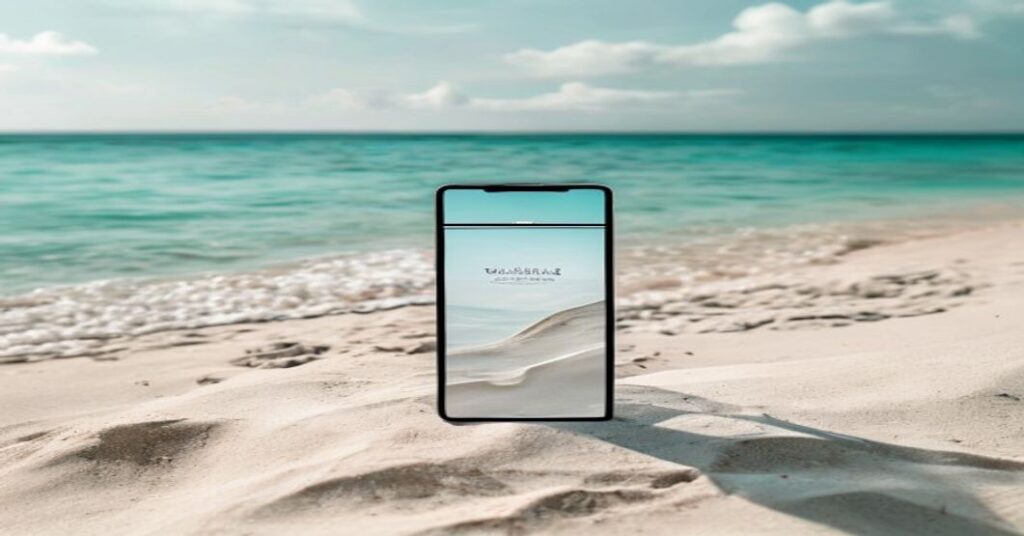 A smartphone displaying a digital wedding invitation on a sunny beach.
