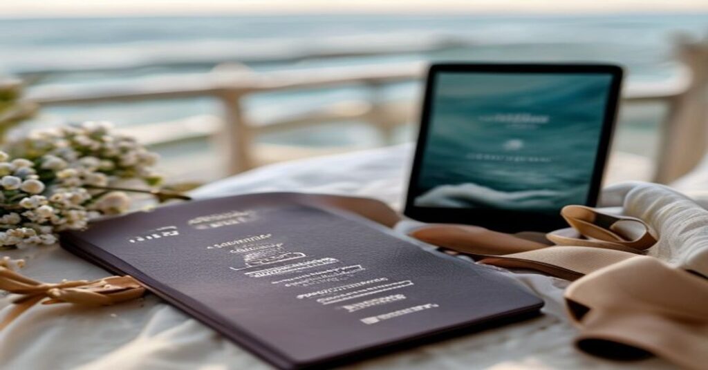 Modern destination wedding invitation website displayed on a smartphone next to a passport and wedding ring, symbolizing travel and marriage.