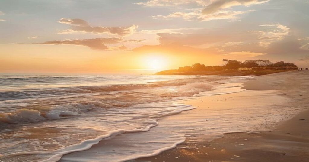 Golden hour sunset over a peaceful beach, symbolizing a romantic destination wedding.