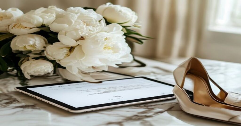 A luxury tablet displaying an elegant digital wedding invitation website on a marble table with floral accents.