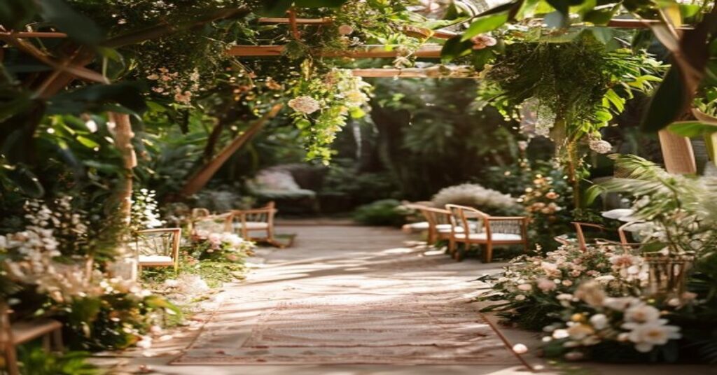 Bohemian garden wedding scene featuring lush plants and soft flowers, evoking a romantic and elegant atmosphere.