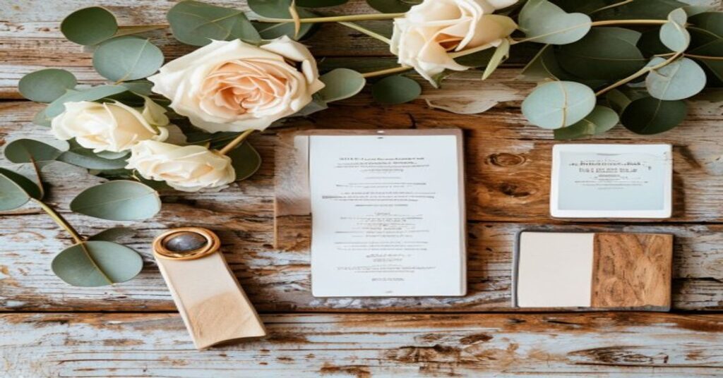 Rustic barn wedding invitation website displayed on a tablet with flowers and wood accents.