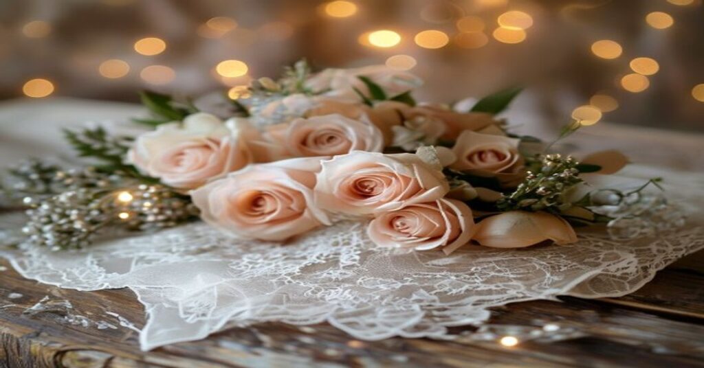 Lace veil and blush rose bouquet for a vintage romantic wedding