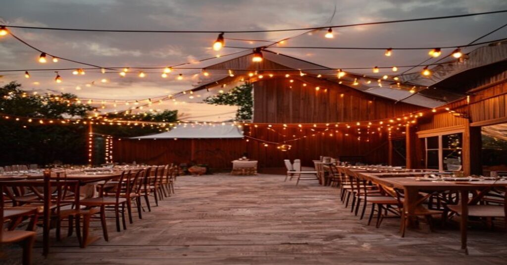 Rustic barn wedding reception with warm string lights and wooden tables, evoking an eco-friendly and intimate atmosphere for modern celebrations.