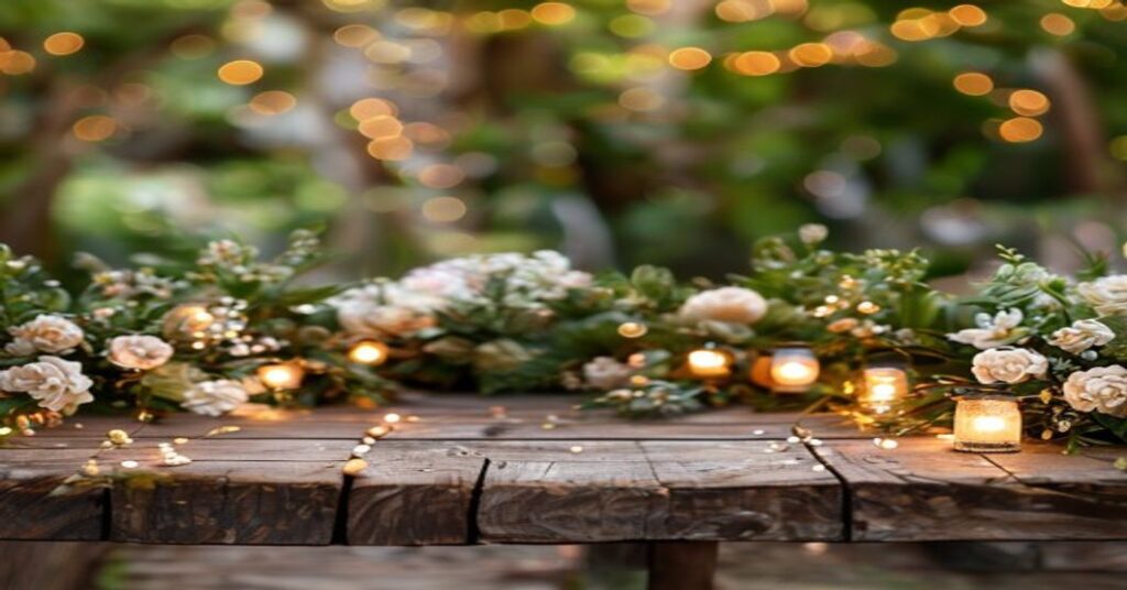 Elegant bohemian garden wedding table setting with flowers and lights, symbolizing a beautifully organized and modern celebration.