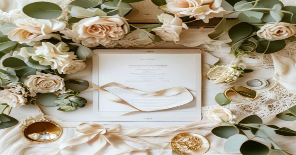 A laptop screen showcasing a stunning bohemian garden themed wedding invitation website, surrounded by floral elements and wedding accessories.