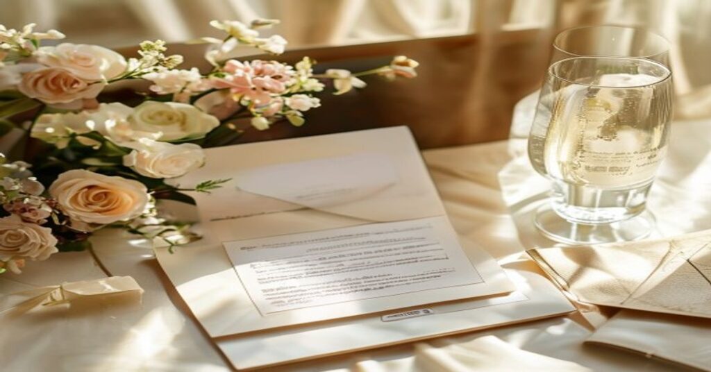 Elegant flat lay showing a laptop with a wedding invitation website next to a traditional paper invite and floral decor, symbolizing the blend of modern and classic wedding planning.