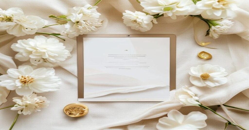 Elegant wedding stationery with a tablet displaying a wedding website FAQ page mock-up, surrounded by flowers and a wedding ring.