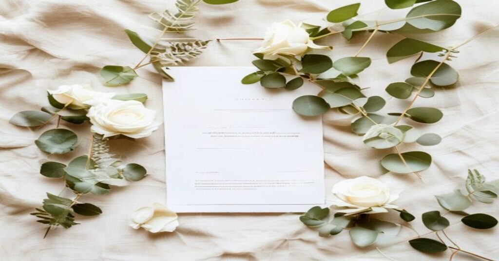 Botanical wedding website flat lay with greenery and subtle URL