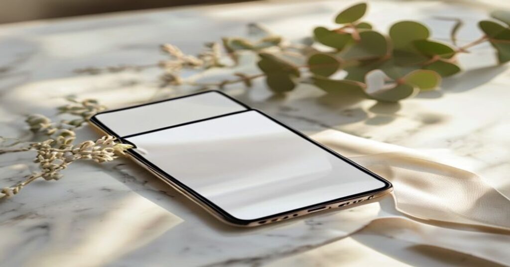 A smartphone displaying a stylish custom wedding website design on a marble table.