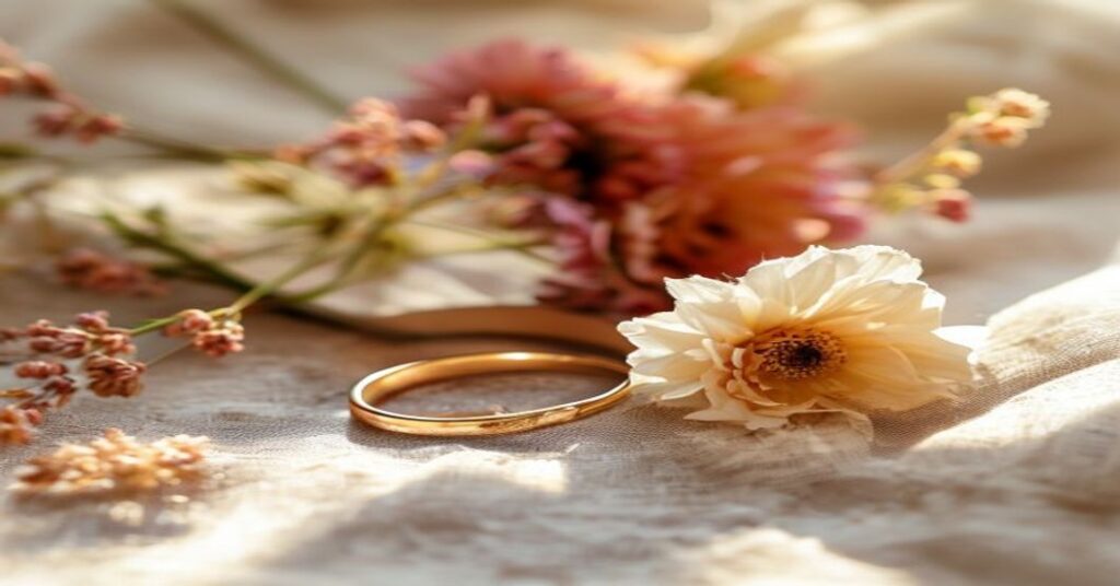 Elegant vintage-inspired wedding stationery and rings on a linen surface.