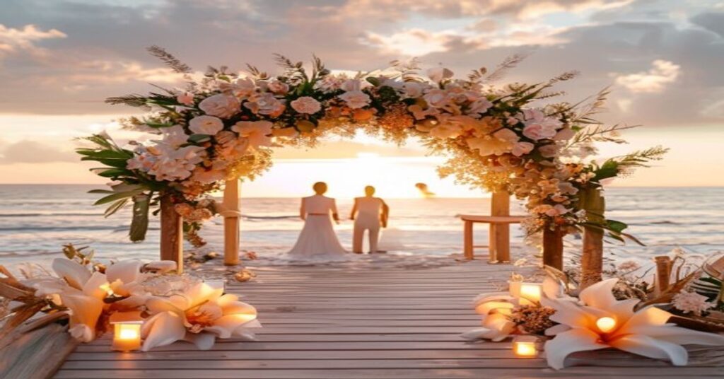 A luxurious beach destination wedding set against a stunning sunset.