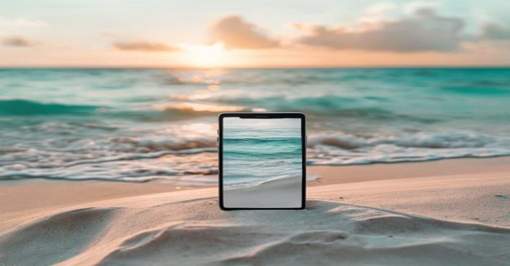 A custom digital wedding invitation displayed on a smartphone screen at a luxury beach wedding destination.