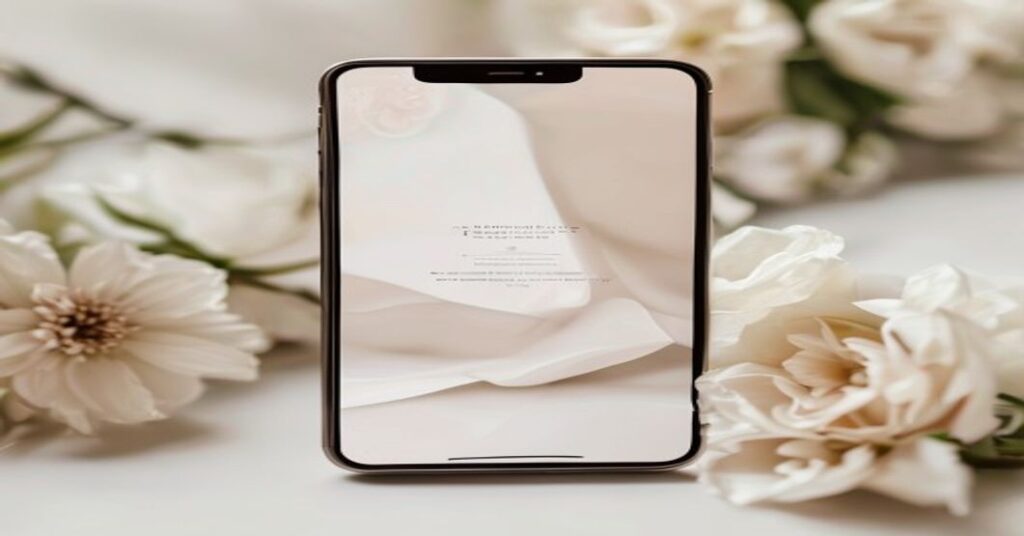 A smartphone displaying a minimalist custom wedding invitation website on a marble table.