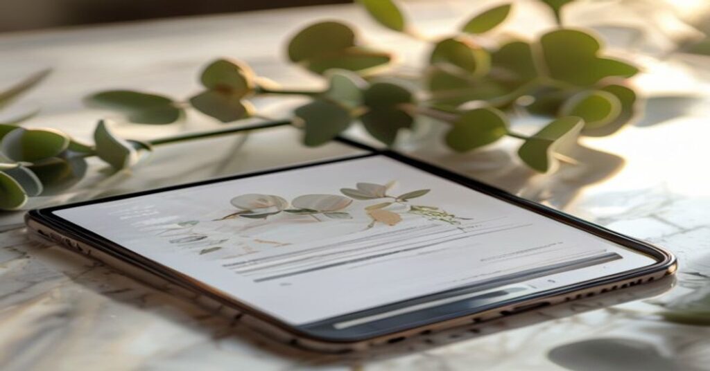 A smartphone and tablet showing a custom wedding invitation website with botanical greenery accents.