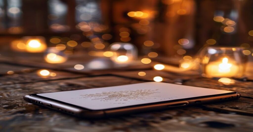 A elegant digital wedding invitation displayed on a phone at a rustic barn wedding venue.