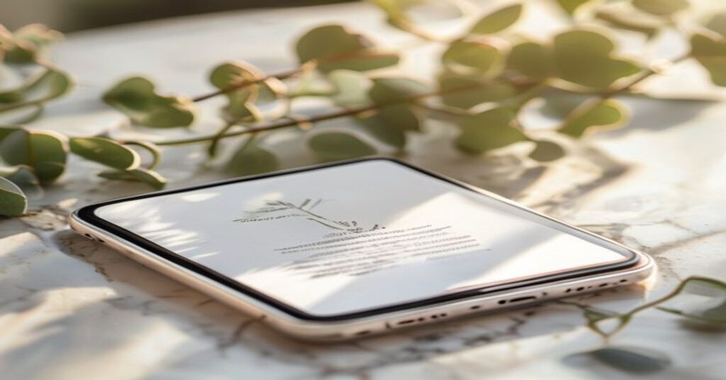A modern digital wedding invitation website displayed on a smartphone with botanical greenery accents.