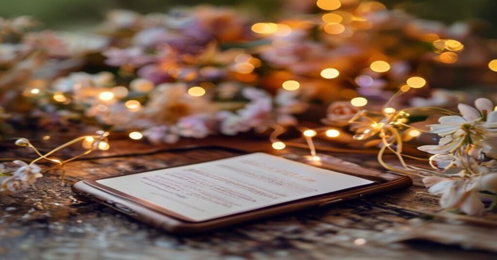 A smartphone showing a digital wedding invitation on a rustic barn wedding table setting
