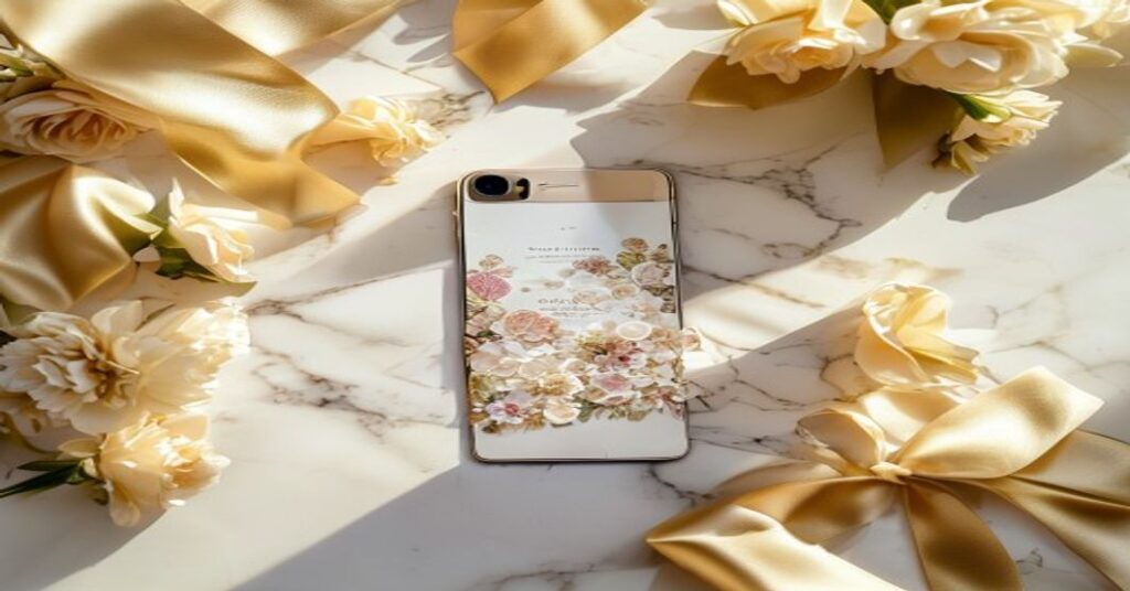 A sophisticated digital wedding invitation displayed on a smartphone screen.