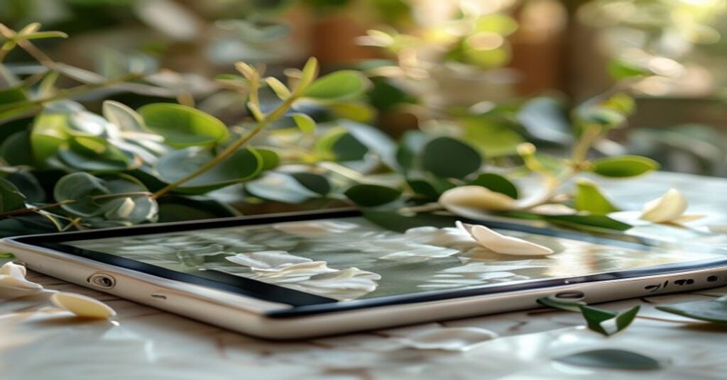 A sleek digital tablet displaying an elegant wedding invitation design surrounded by botanical greenery.