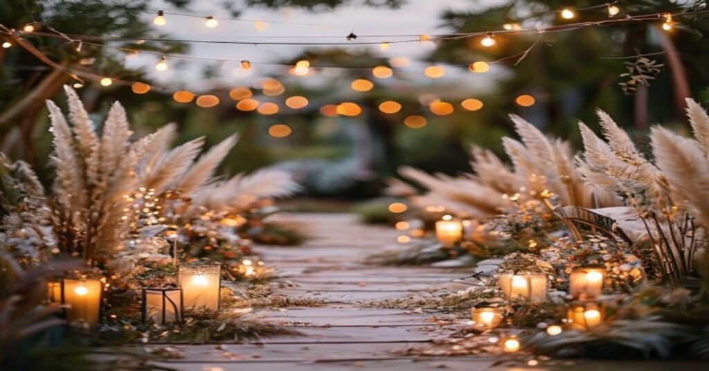 A dreamy bohemian garden wedding setting during golden hour, perfect for a modern, elegant wedding aesthetic.