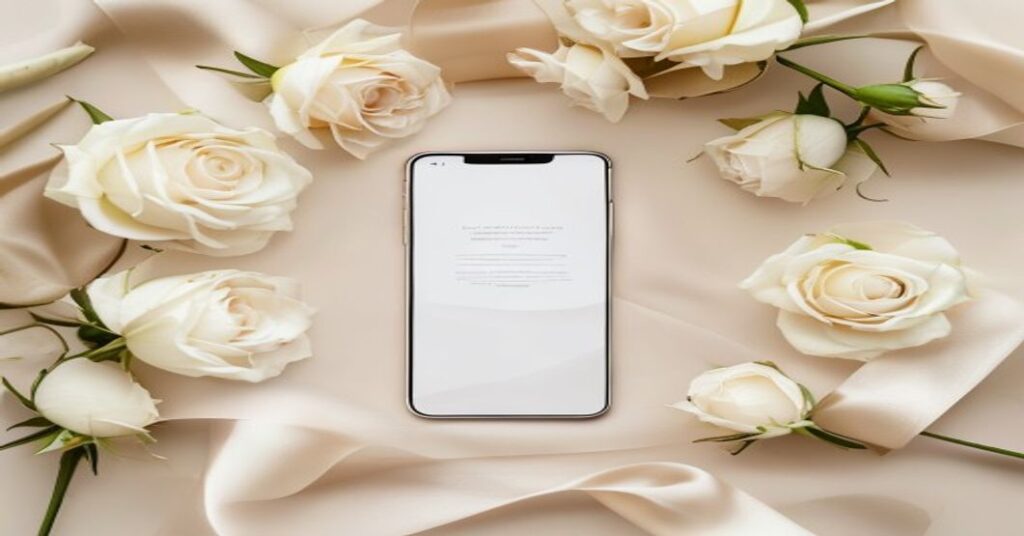 Elegant smartphone showing a custom wedding invitation website with floral decor and a wedding ring, symbolizing modern digital wedding invitations.
