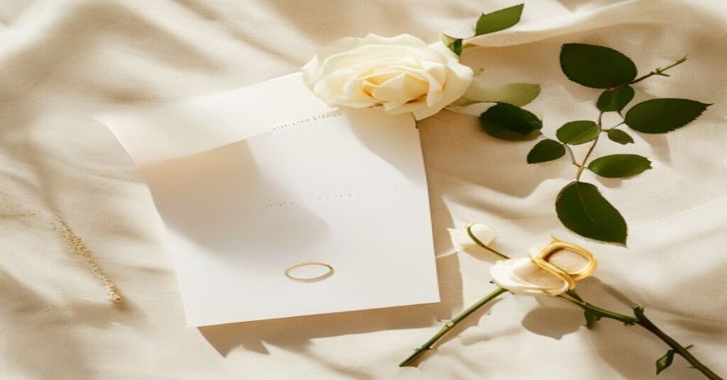 Elegant wedding stationery and ring on a light background, symbolizing a detailed wedding planning checklist.