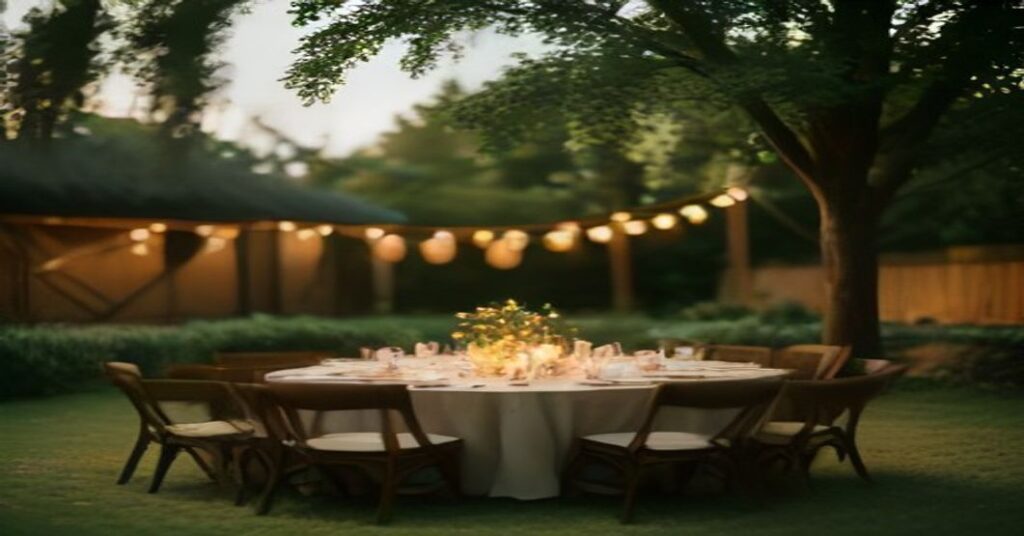 Elegant bohemian garden wedding setting for an outdoor celebration.