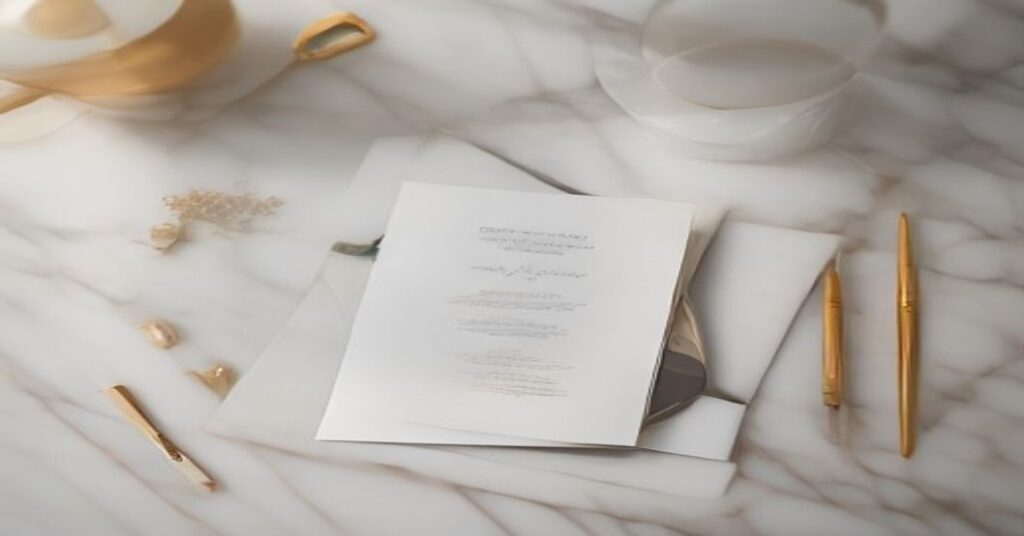 A sophisticated, minimalist wedding invitation suite set on a marble table.